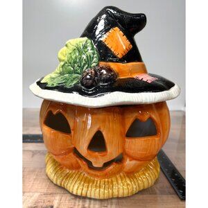 Ceramic Halloween Pumpkin With Witch Hat, Can Use A Light